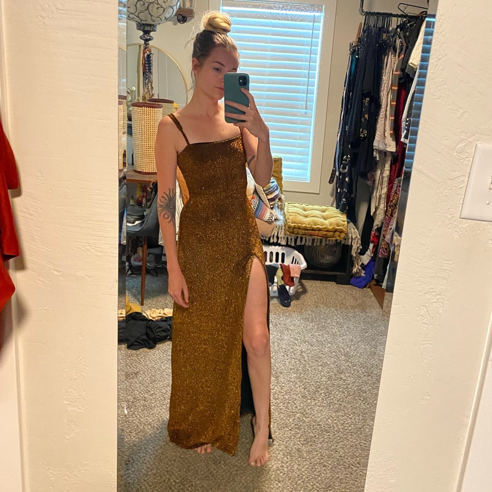 Long brown sparkly formal gown
